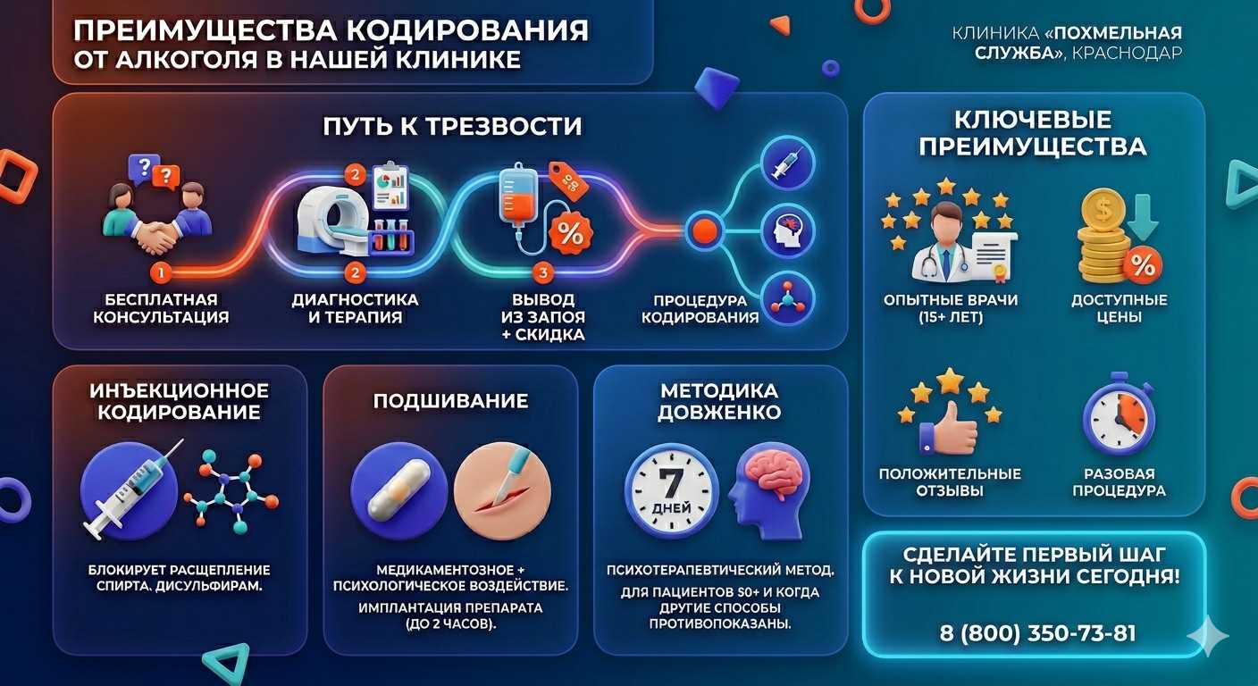 Инфографика о методах кодирования от алкоголя в Губдене: инъекции, подшивание, метод Довженко. Преимущества клиники и этапы лечения.