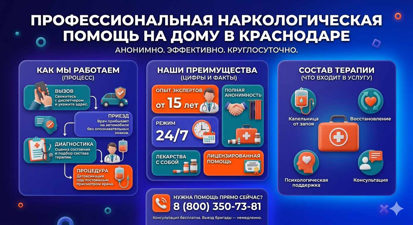 Инфографика о принципах лечения алкоголизма на дому в Губдене: этапы вызова нарколога, преимущества анонимной детоксикации и состав медицинской помощи.